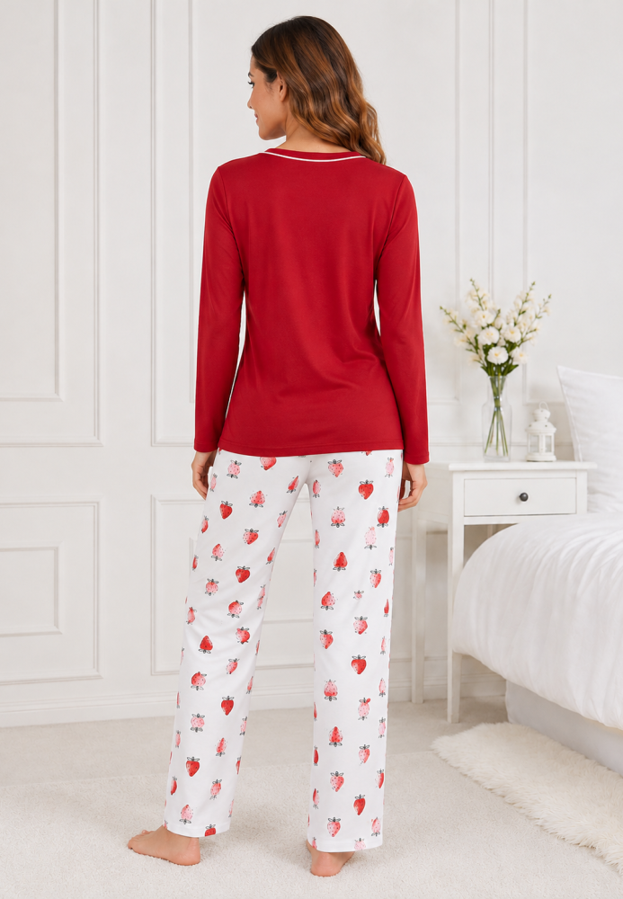 Pijama de damă cu bluză cu maneca lunga și pantaloni -Rosu ,Engros